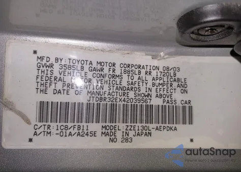 2004 Toyota Corolla Ce из США, поврежденный, VIN JTDBR32EX42039567